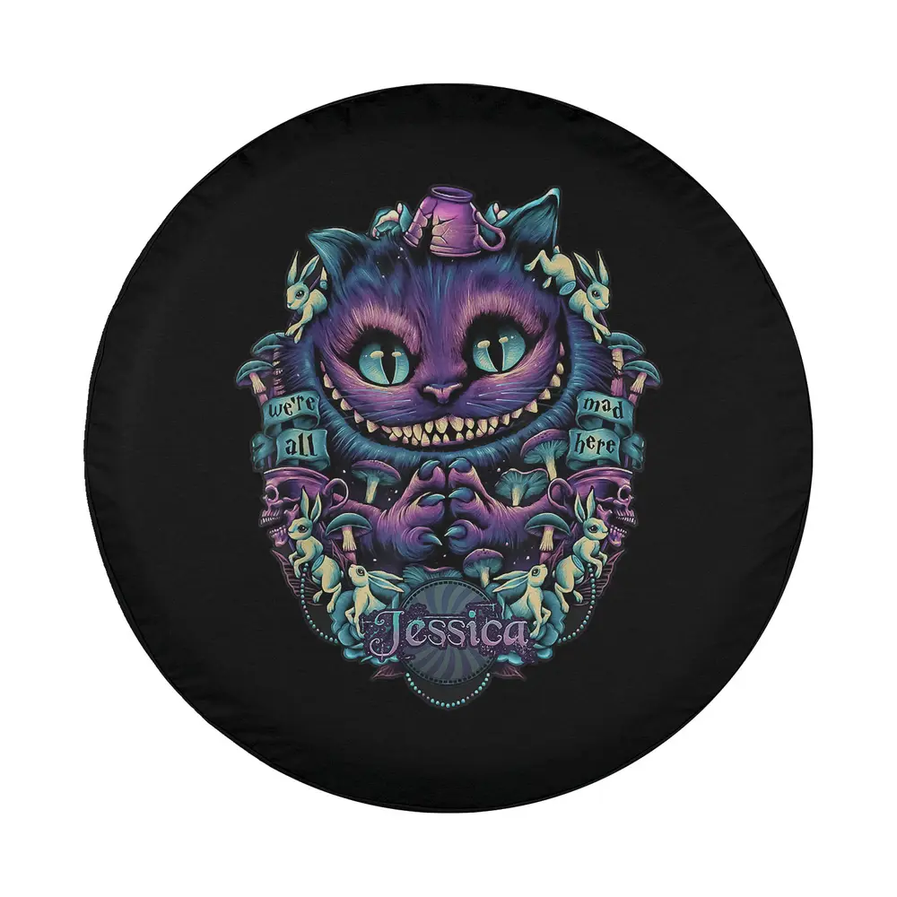 Purple Cheshire Cat top hat Alice in Wonderland design for spare tire cover