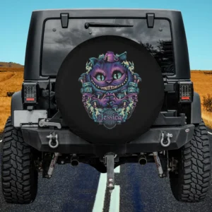Purple Cheshire Cat with top hat Alice in Wonderland spare tire cover no camera hole