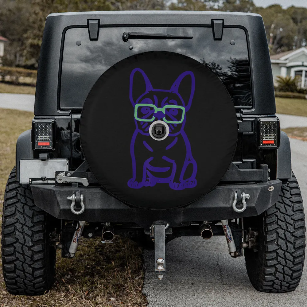 Spare tire cover with purple glasses French Bulldog pop art and camera hole
