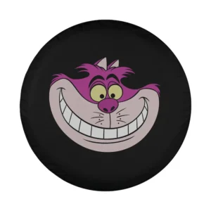 Cheshire Cat face with purple grin and yellow eyes on black tire cover