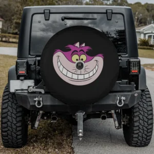 Purple grin yellow eyes Cheshire Cat spare tire cover with backup camera hole