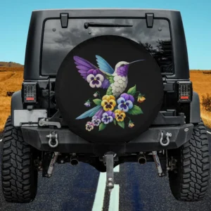 Purple Hummingbird Yellow Pansy Flower Gardening Spare Tire Cover No Camera Hole