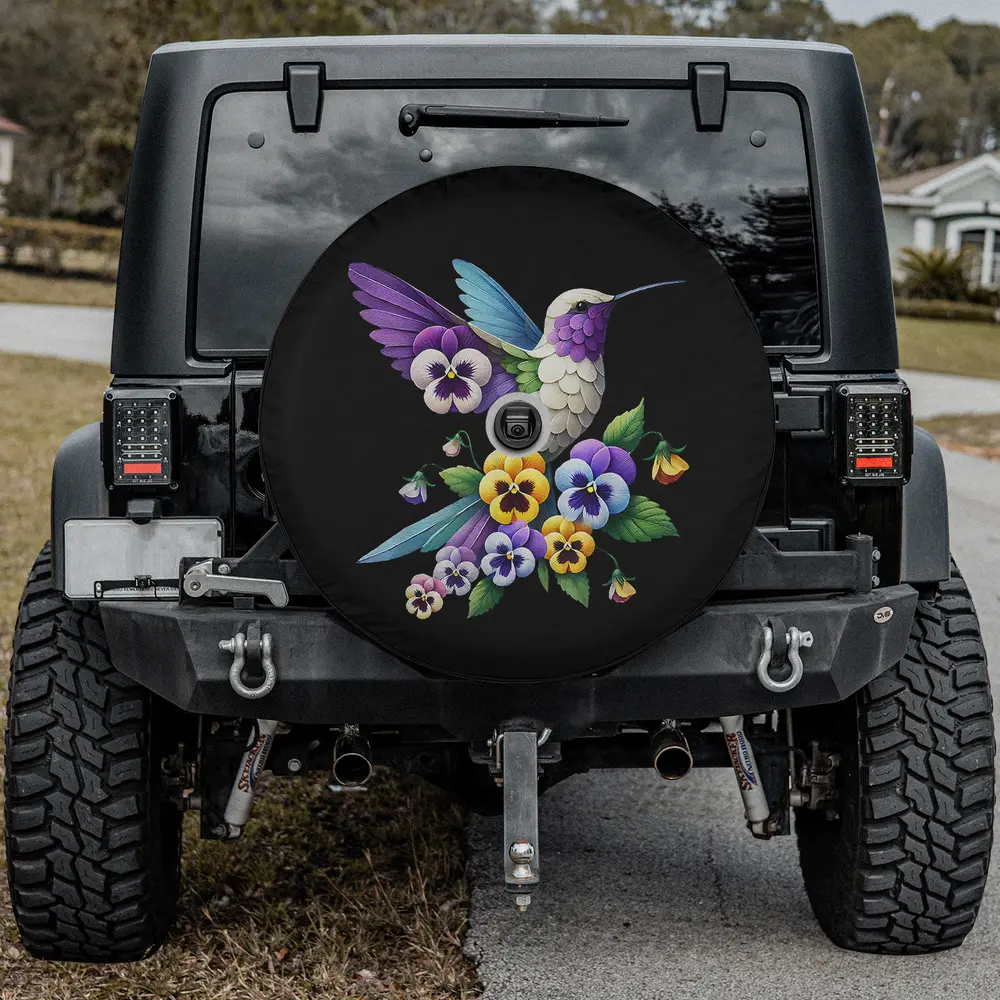 Purple hummingbird yellow pansy flower gardening spare tire cover with backup camera hole for Jeep