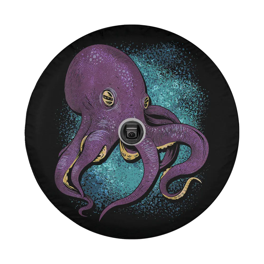Bold purple kraken teal splatter octopus graphic for ocean diver spare tire cover