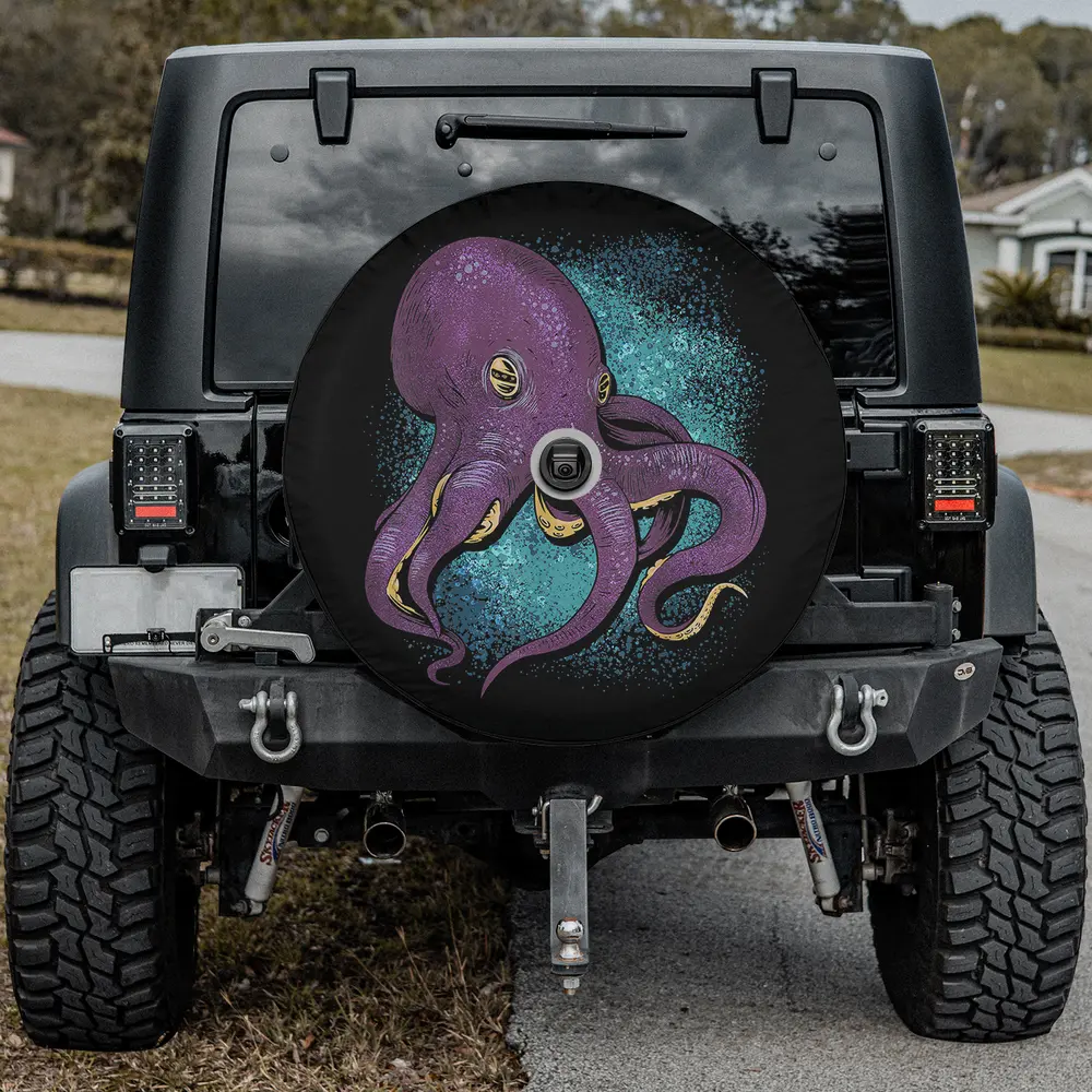 Purple kraken teal splatter octopus spare tire cover with backup camera hole option