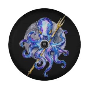 Watercolor purple octopus holding golden trident with moon illustration