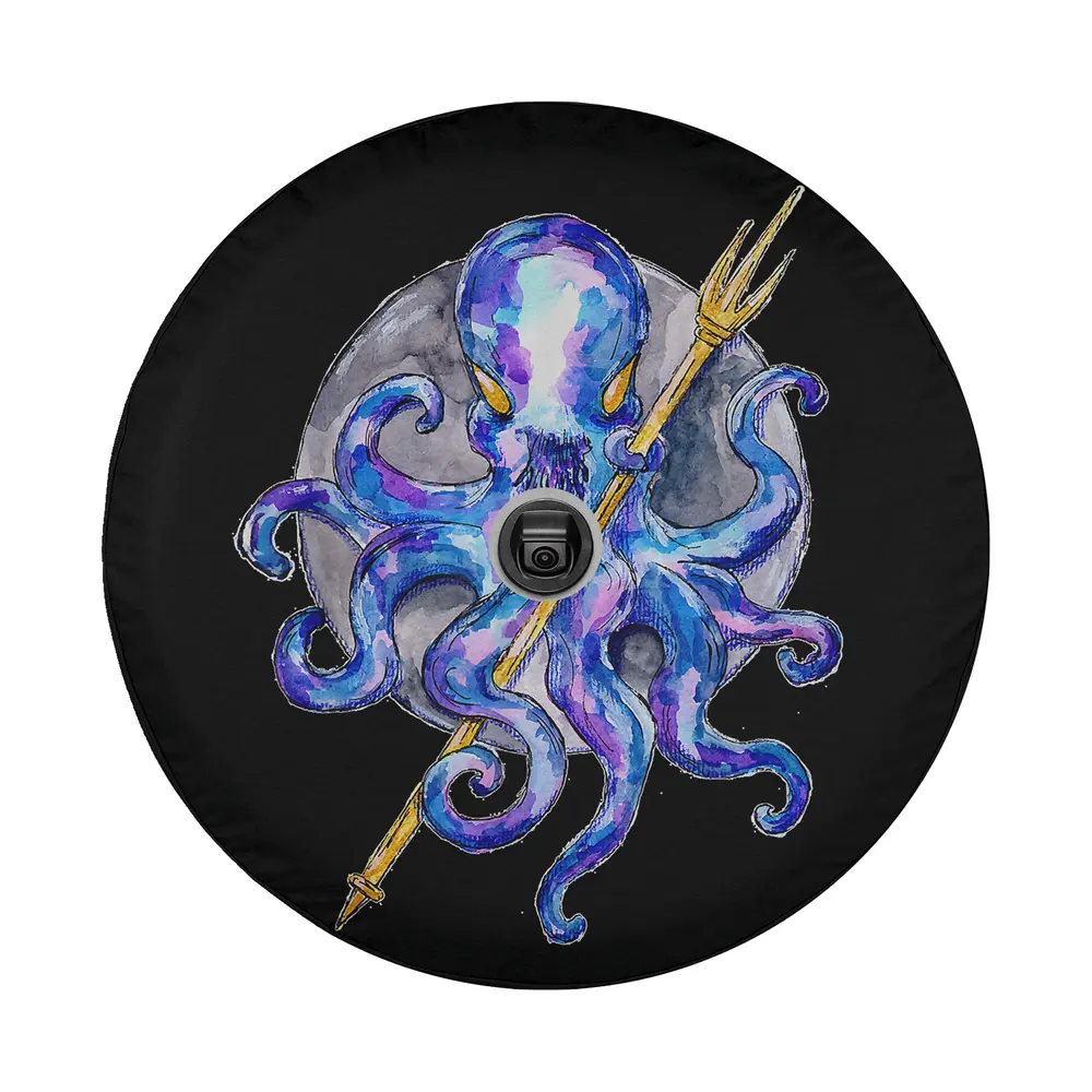 Watercolor purple octopus holding golden trident with moon illustration