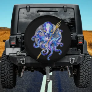 Purple octopus holding golden trident with moon on spare tire cover no camera hole