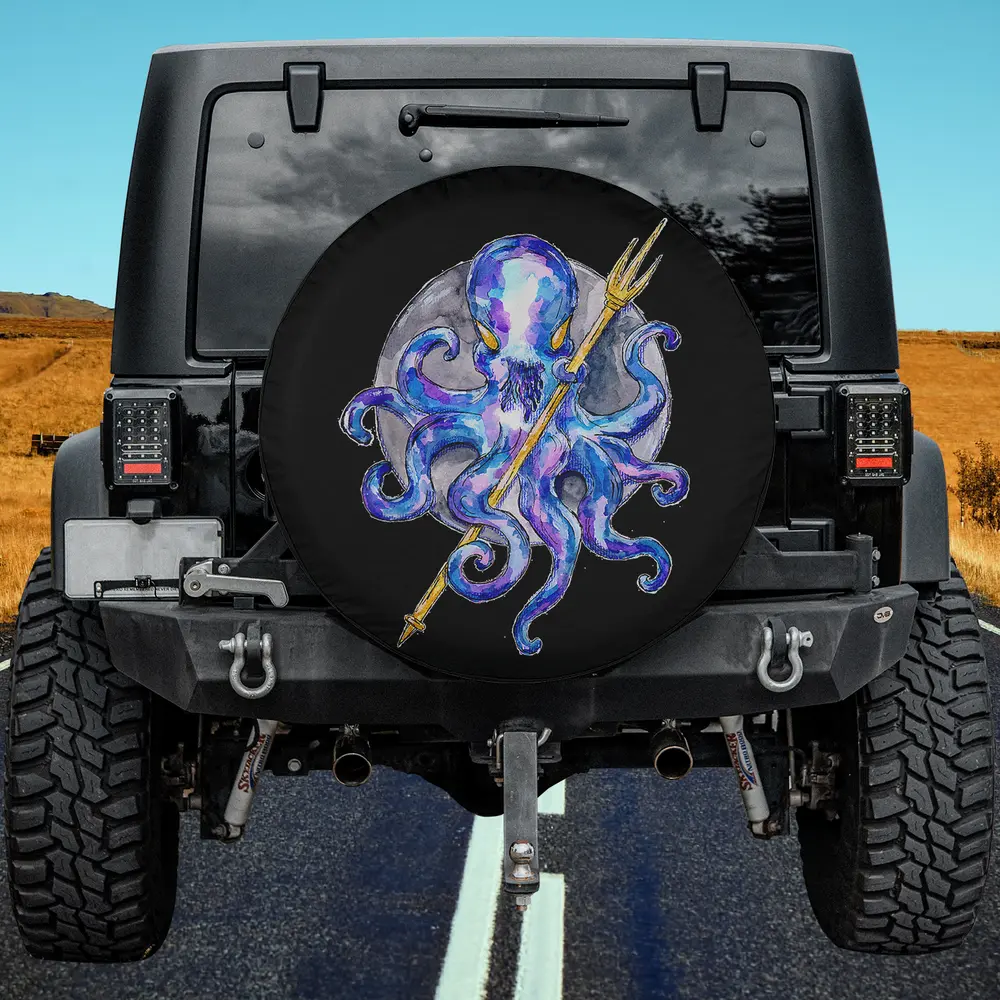 Purple octopus holding golden trident with moon on spare tire cover no camera hole