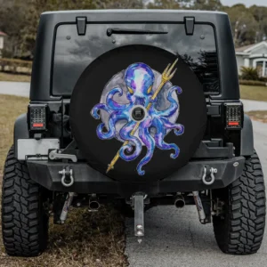 Purple octopus golden trident moon spare tire cover with backup camera hole option