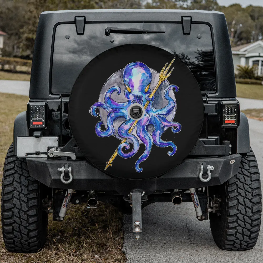 Purple octopus golden trident moon spare tire cover with backup camera hole option