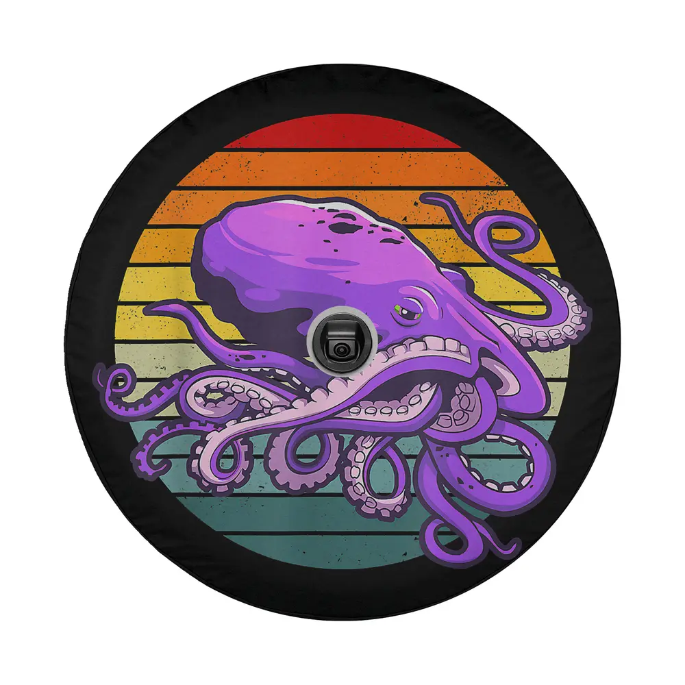 Purple octopus retro sunset ocean graphic for spare tire cover design
