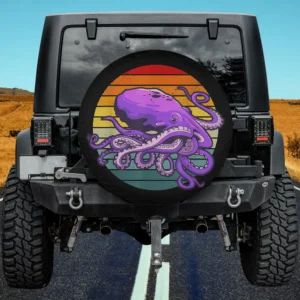 Purple octopus retro sunset ocean spare tire cover with no camera hole on Jeep