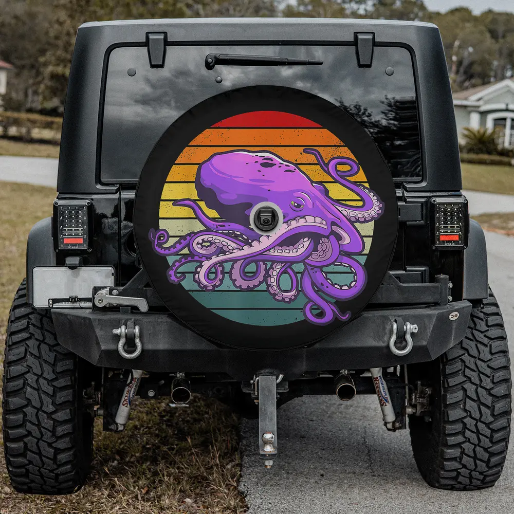Purple octopus retro sunset ocean spare tire cover with camera hole for SUV or RV