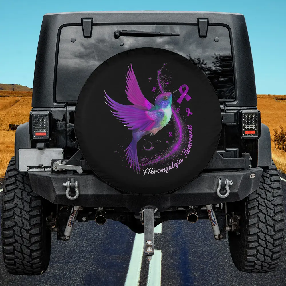 Purple ribbon hummingbird fibromyalgia awareness spare tire cover no camera hole