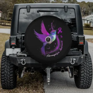 Purple ribbon hummingbird fibromyalgia awareness spare tire cover with camera hole