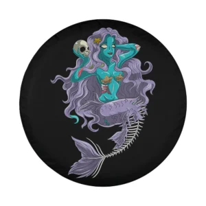 Cartoon purple skeleton mermaid with skull Halloween tire cover art