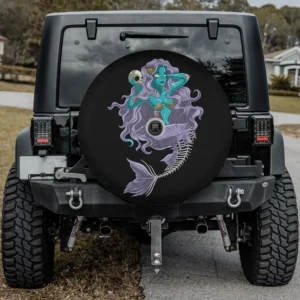 Halloween spare tire cover with purple skeleton mermaid and skull, backup camera hole
