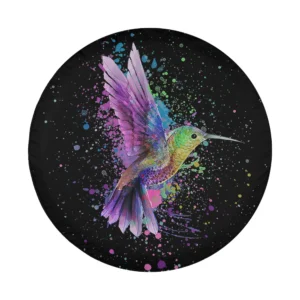 Purple watercolor hummingbird with paint splatter art on black background