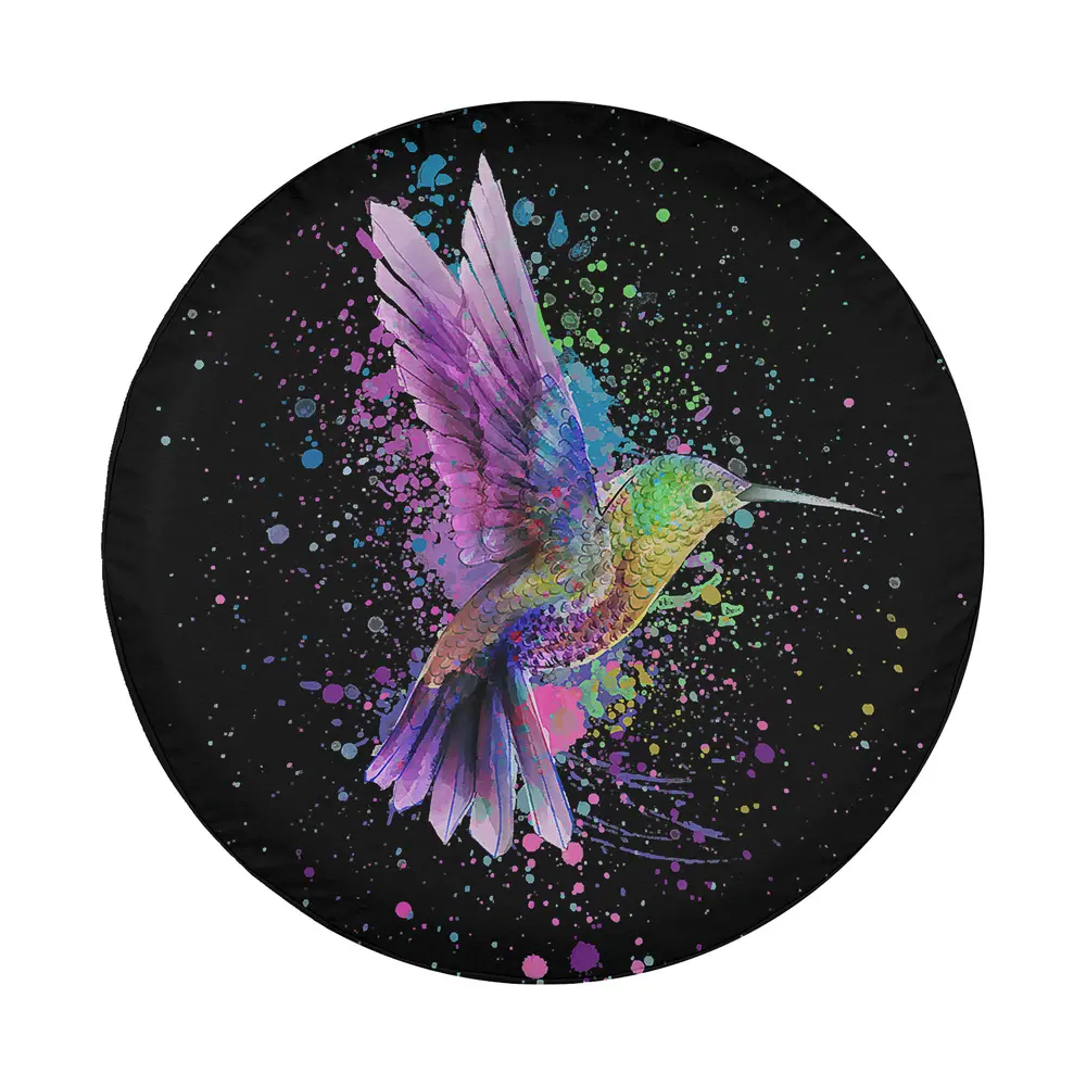 Purple watercolor hummingbird with paint splatter art on black background