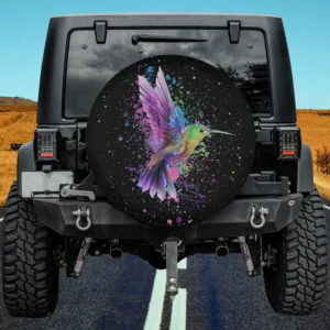 Purple watercolor hummingbird paint splatter spare tire cover with no camera hole for Jeep or SUV