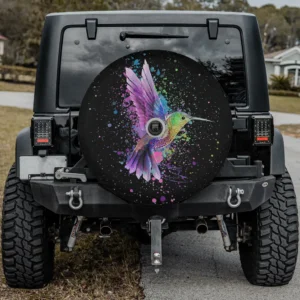 Purple watercolor hummingbird paint splatter spare tire cover with camera hole for Jeep or SUV
