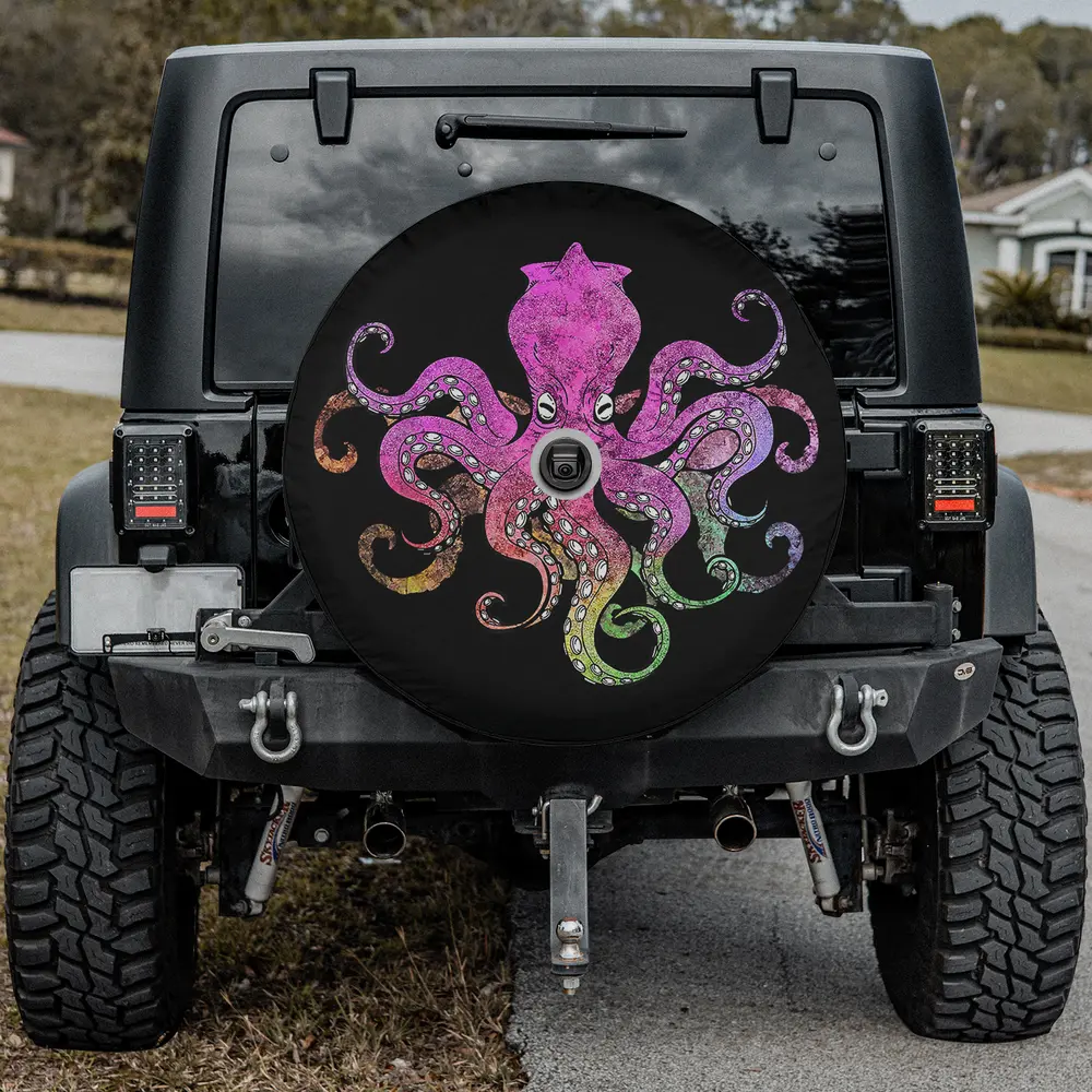 purple watercolor octopus tentacles spare tire cover with camera hole option