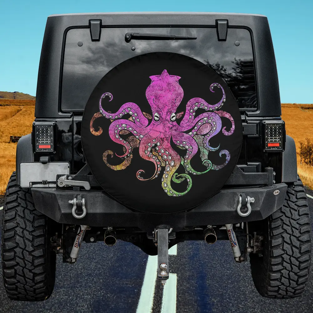 purple watercolor octopus tentacles spare tire cover on Jeep in wild