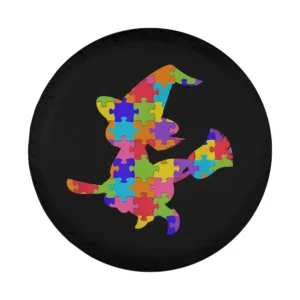 colorful puzzle piece witch cat autism awareness design for tire cover