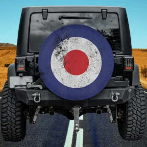 Distressed RAF Type D roundel mod target spare tire cover with no camera hole on trailer