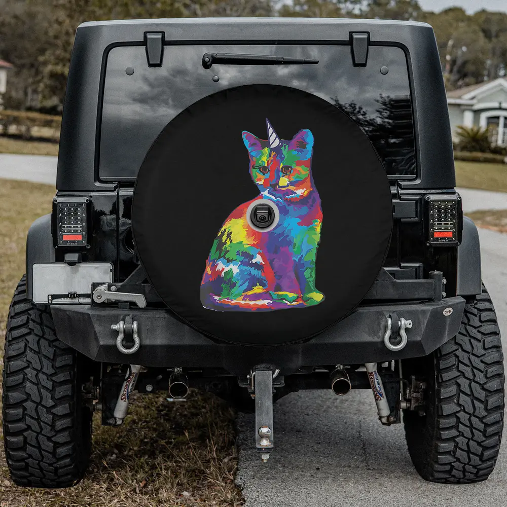 rainbow caticorn unicorn horn cat spare tire cover with camera hole