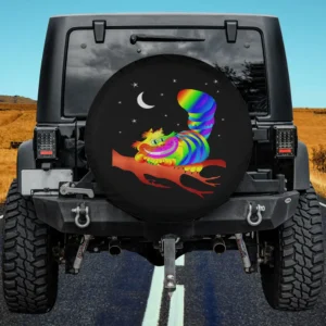 Rainbow Cheshire Cat with crescent moon on spare tire cover for Jeep SUV RV