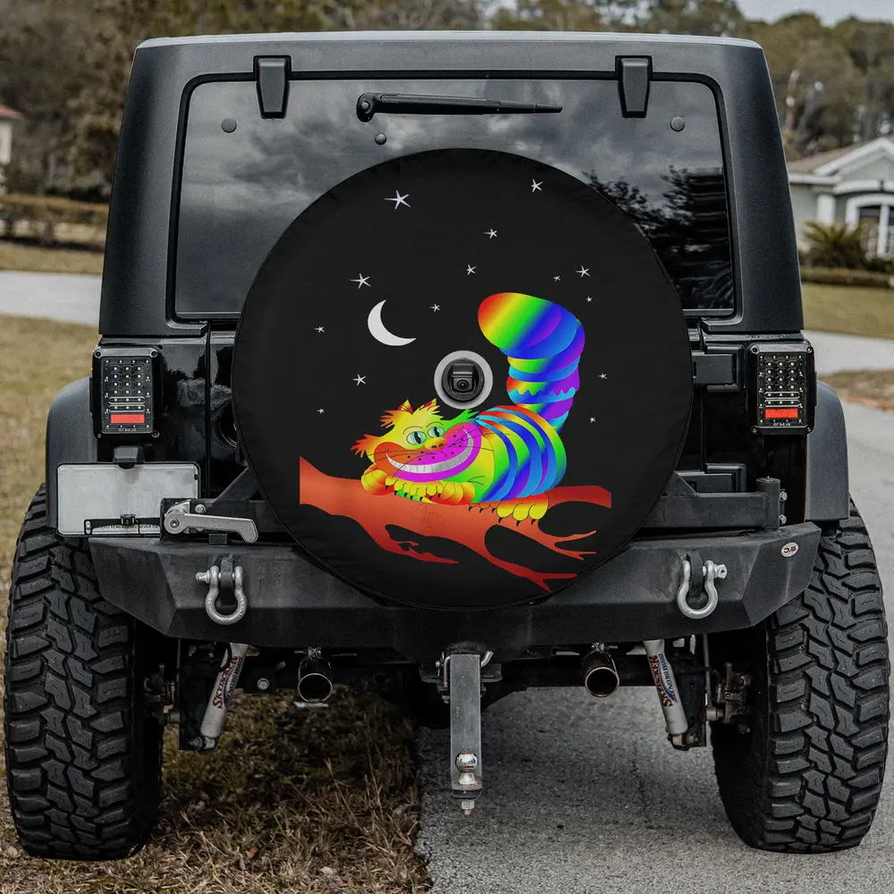 Spare tire cover with rainbow Cheshire Cat grin and crescent moon, camera hole option