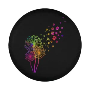 Rainbow dandelion and paw print design on dog spare tire cover, black background