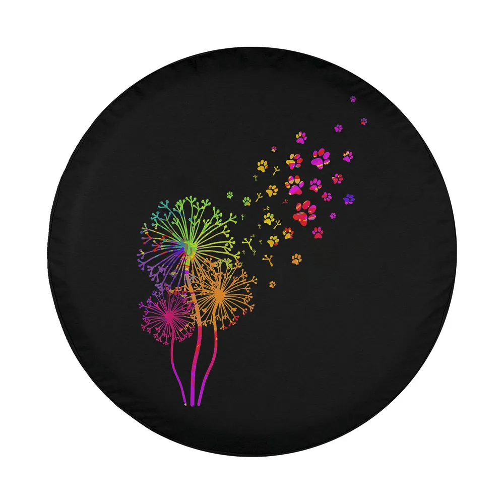 Rainbow dandelion and paw print design on dog spare tire cover, black background