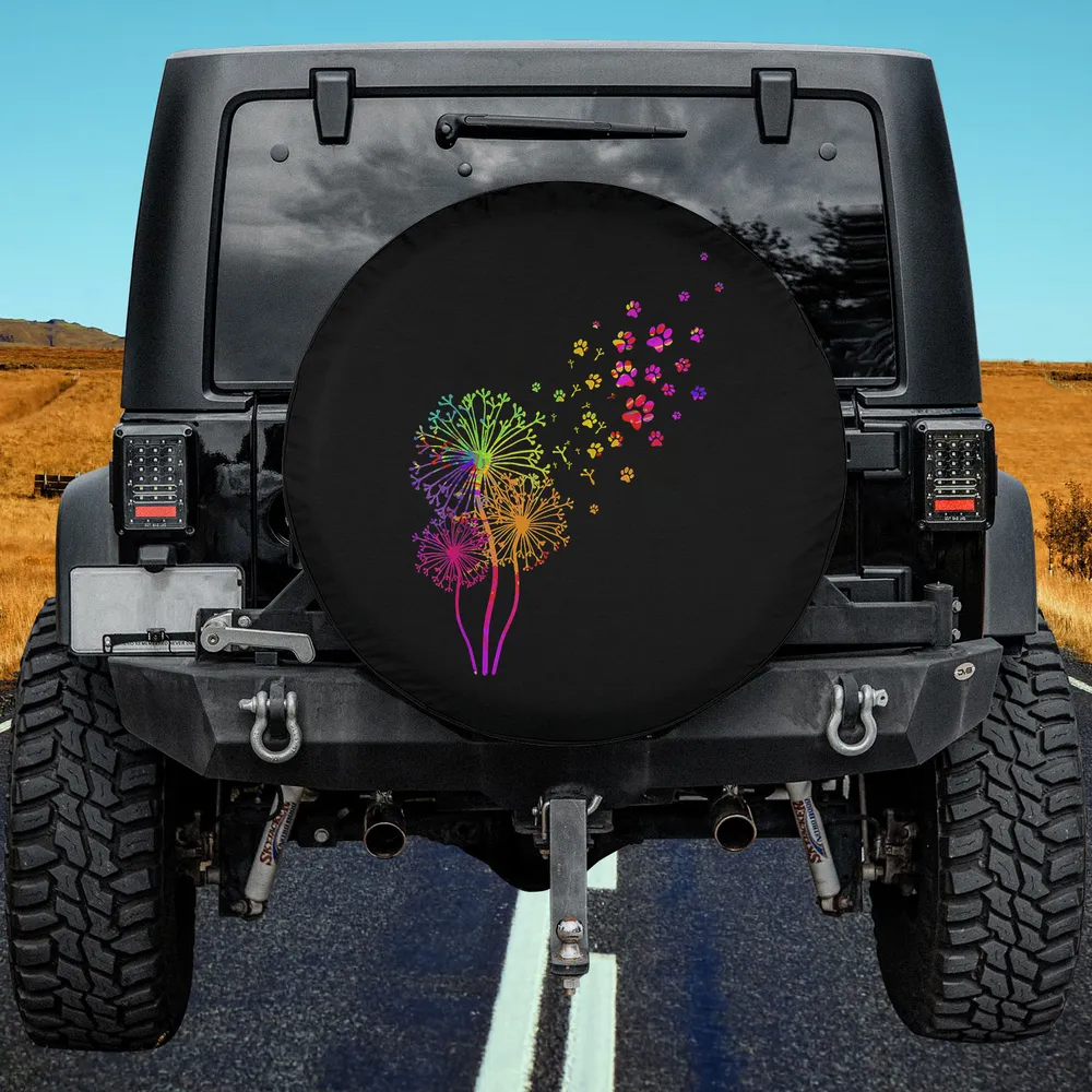 Rainbow dandelion paw print dog spare tire cover with no camera hole for Jeep and SUV