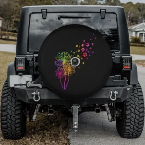 Rainbow dandelion paw print dog spare tire cover with backup camera hole for Jeep and RV