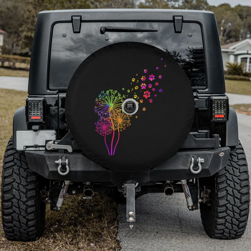 Rainbow dandelion paw print dog spare tire cover with backup camera hole for Jeep and RV