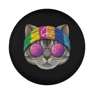 70s hippie American Shorthair cat with rainbow headband and peace sign sunglasses