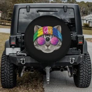 Rainbow headband peace sign American Shorthair cat spare tire cover with camera hole for SUV