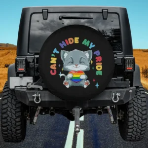 Rainbow heart cat hugging pride spare tire cover with cartoon cat and rainbow heart, no camera hole