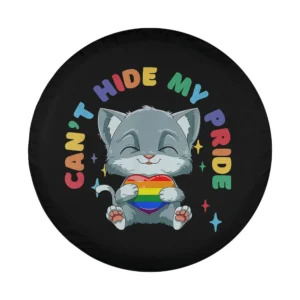 Design of rainbow heart cat hugging pride spare tire cover, cartoon cat with rainbow heart