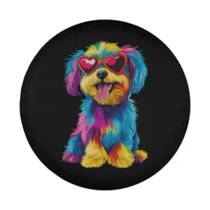 Colorful rainbow puppy with heart glasses dog spare tire cover design art