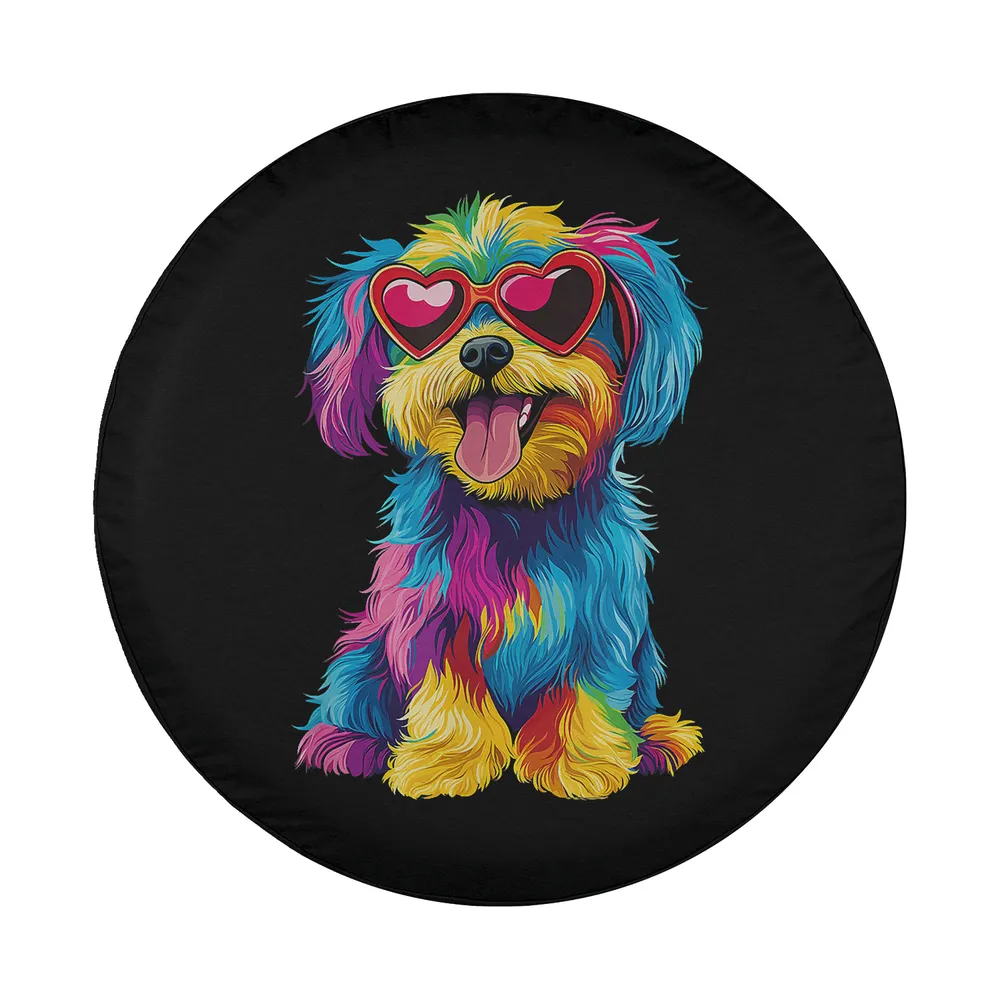 Colorful rainbow puppy with heart glasses dog spare tire cover design art