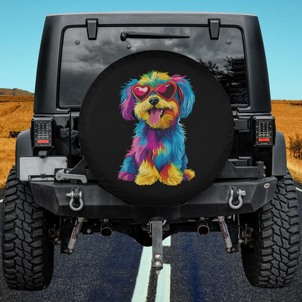 Rainbow heart glasses cute dog puppy love spare tire cover with no camera hole