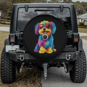 Rainbow heart glasses cute dog puppy love spare tire cover with backup camera hole
