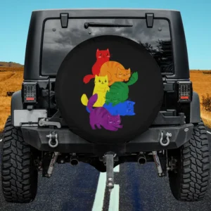 Rainbow kawaii cats pile LGBT pride spare tire cover without camera hole for Jeep