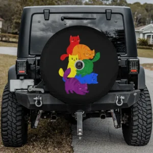 Rainbow kawaii cats pile LGBT pride spare tire cover with camera hole for SUV RV