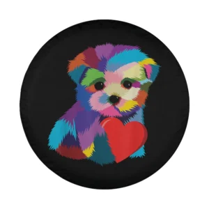 Rainbow puppy and red heart dog rescue spare tire cover design art