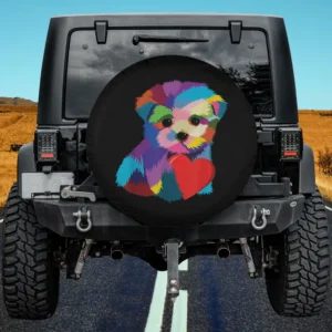 Rainbow puppy with red heart dog rescue spare tire cover no camera hole